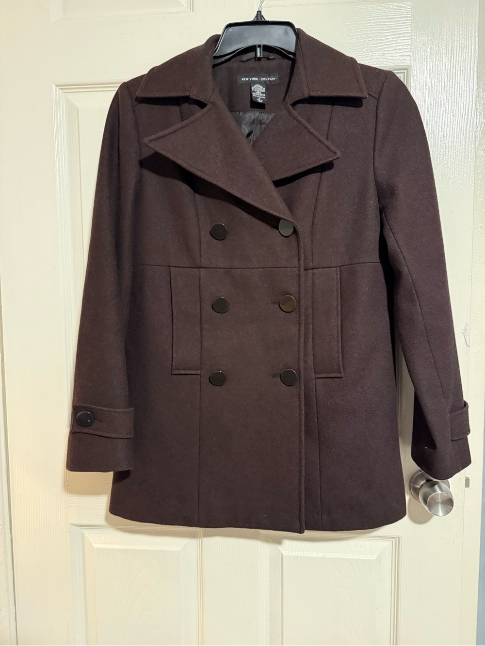 New York & Company Women's Double-Breasted Wool Blend Peacoat - Dark Brown